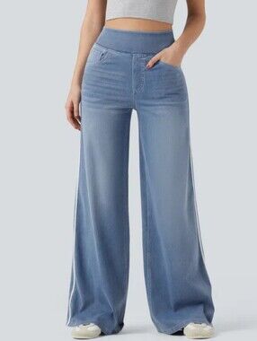 HALARA Washed Light Blue High-Rise Wide-Leg Jeans